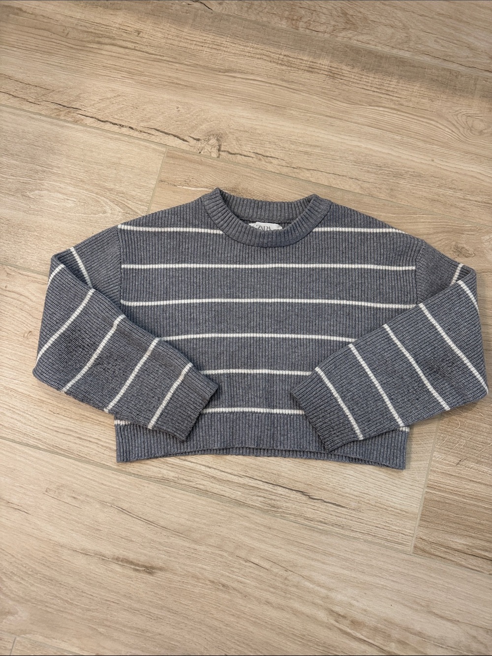Zara Gray Striped Cropped Knit Sweater